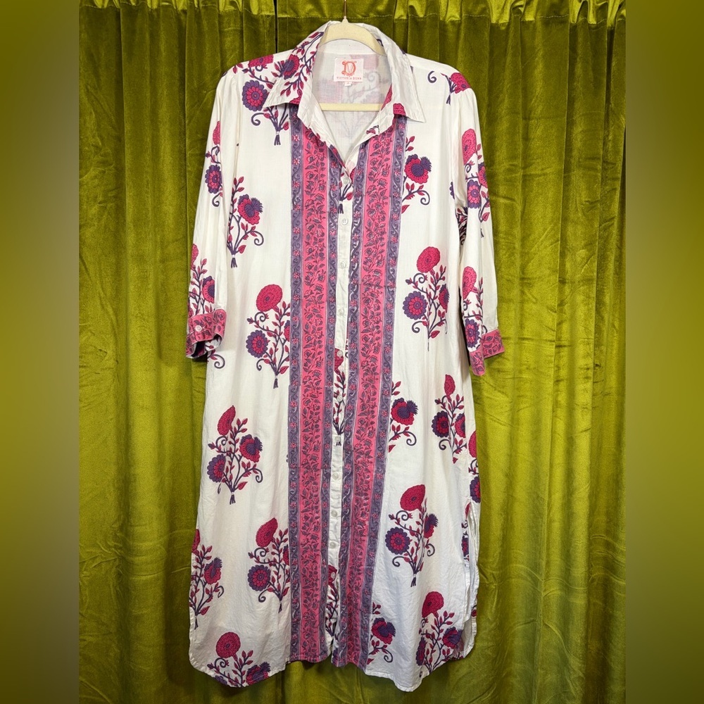 Victoria Dunn Floral Midi Collared Cotton Shirt Dress. Size Large. Retail $250+